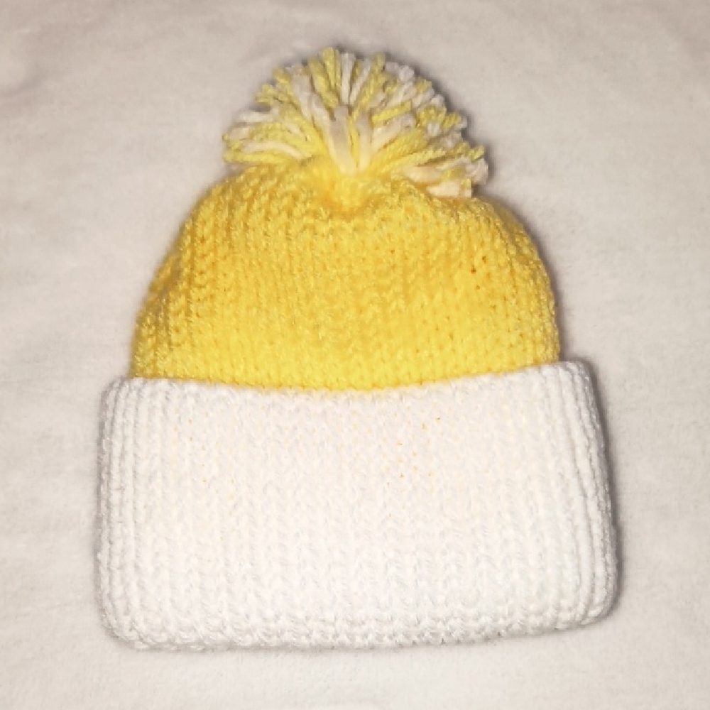 Yellow and White Knit Pom-Pom Beanie